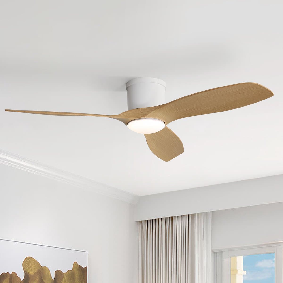 Plafondventilator met verlichting en afstandsbediening – 52 inch – Ventilator met 3 ABS-bladen en DC-motor – 6 snelheden en timer – Wit — afbeelding 1