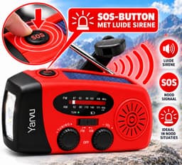 Yarvu ® Noodradio Solar Opwindbaar + LED Hoofdlamp op Batterijen - Noodpakket - 2000mAh - Powerbank - LED Zaklamp - Op Accu - Aanzwengelen - FM AM Radio - Zonne Energie - SOS Sirene - Rood — thumbnail 5