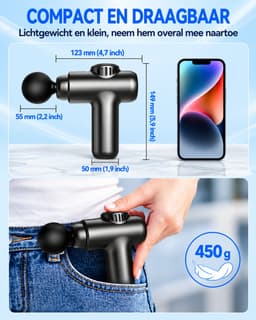 Mini Massagepistool – Massagegun met 30 Snelheden – 4 Massagekoppen – 12 mm Diepe Massage – LCD Touchscreen – USB-C – 1800-3200 RPM – 450 g — thumbnail 3