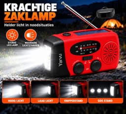 Yarvu ® Noodradio Solar Opwindbaar + LED Hoofdlamp op Batterijen - Noodpakket - 2000mAh - Powerbank - LED Zaklamp - Op Accu - Aanzwengelen - FM AM Radio - Zonne Energie - SOS Sirene - Rood — thumbnail 4