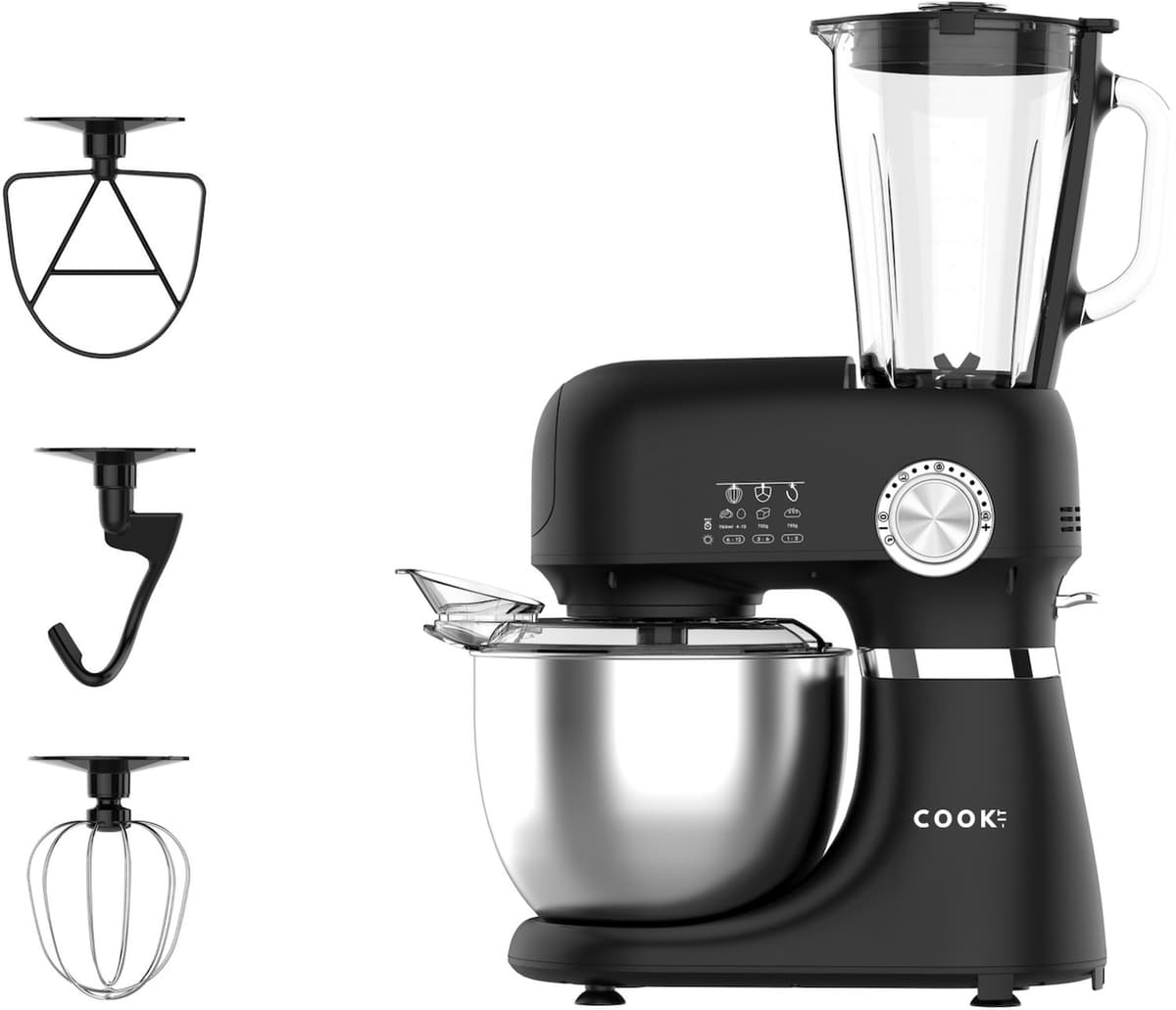 COOK-IT Keukenmachine 2-in-1 – Multifunctionele Keukenrobot met Blender – Keukenmixer met RVS Mengkom – Mixen, Kneden en Kloppen – Zwart — afbeelding 1