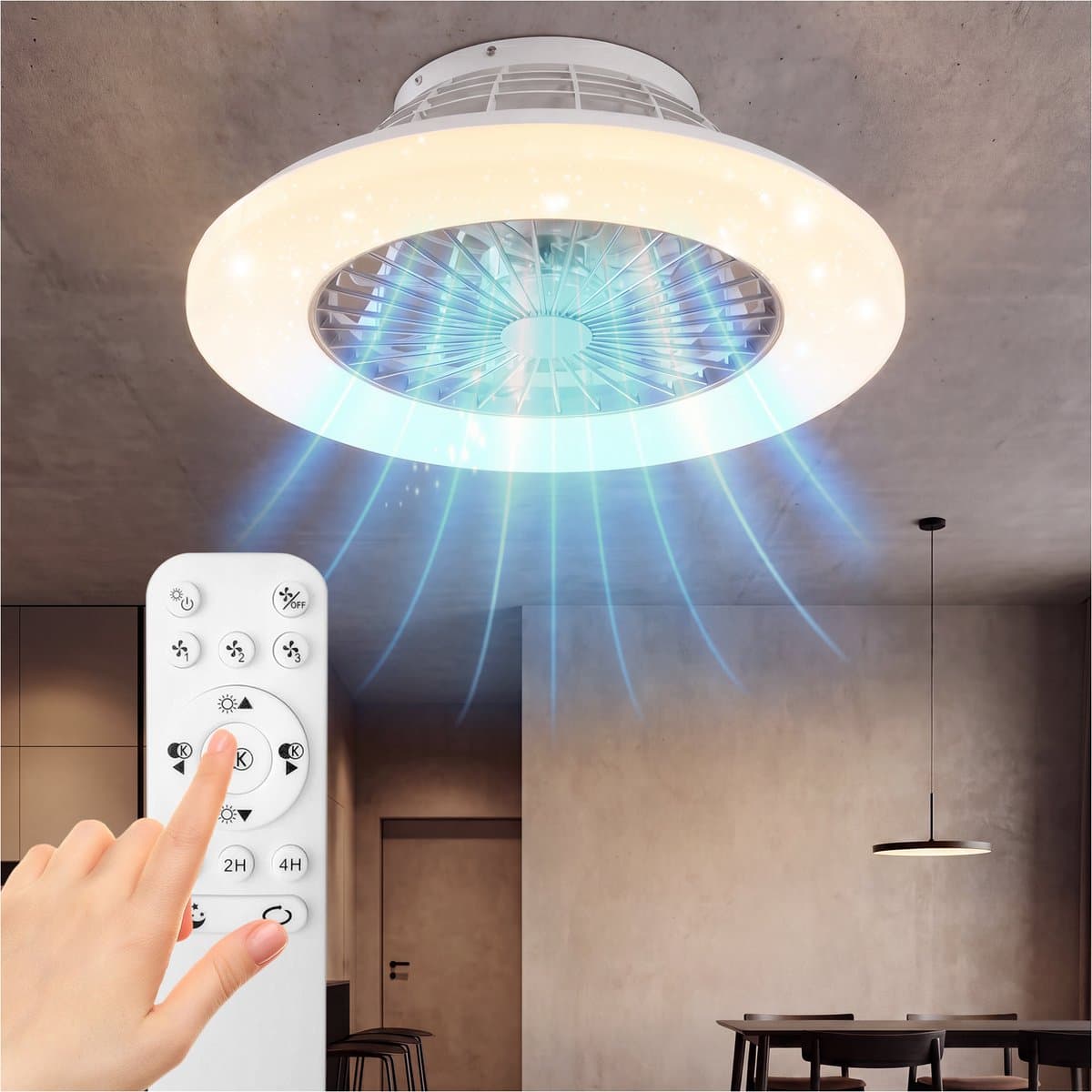 tectake® Plafondlamp met Ventilator - Dimbaar - Ø 50 x 17,5 cm - Stille Plafondventilator - Ventilatorlamp - LED 40W - 3 Lichtkleuren 3000-6500 K - 20W Ventilator - Zomer en Winterstand - Achteruitloop - Inclusief Timer en Afstandsbediening - Wit — afbeelding 1