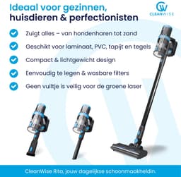 CleanWise Rita + Extra accu - Steelstofzuiger Draadloos met Kruimeldieffunctie – Zonder Zak op Accu – 30kPa Zuigkracht – Groene Laser – HEPA 14 Filter – Lichtgewicht 1,5 kg – Tot 60 Min Accuduur – Voor Huisdierharen – Nederlands Product — thumbnail 2