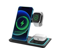 AB Goods Luxe 3-in-1 Draadloze Oplader – MagSafe-Compatibel Oplaadstation 15W – Geschikt voor iPhone (12 t/m 16) – Apple Watch & AirPods Compatibel – Compatibel als iPhone Oplader / Oplader iPhone – Opvouwbare Wireless Charger – Mat Zwart