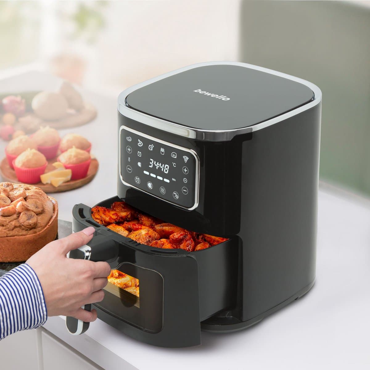 Airfryer – 5 Liter – 1450 Watt – Touch Bediening – Oliearm / Olievrij Frituren – Kijkvenster Met Verlichting – Timerfunctie – Non-Stick Bakmand – Zwart – 230V – 1 Stuk [BW1002B] — afbeelding 1