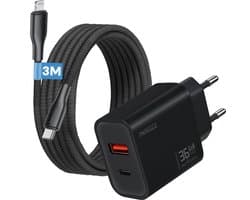 Snellader geschikt voor iPhone 14 13 12 11 X - 35w 2 poorten oplader - Geschikt voor usb C naar Lightning kabel - 3m