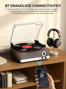 White-Label® Platenspeler Bluetooth - CD Speler met Speakers - Vintage - Houtskool — thumbnail 5