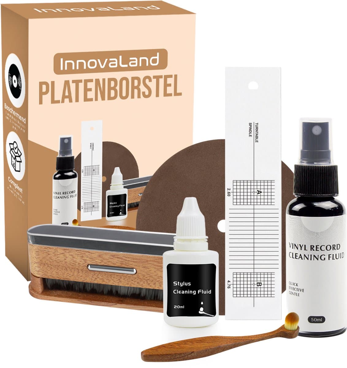 Innovaland - Platenborstel Premium Set - Antistatisch - Platenreiniger - LP Borstel - Vinyl Borstel - Vinyl Reiniger - LP schoonmaakset - LP Reinigingsset -LP reiniger - Platenspeler - Vinyl Cleaning Kit - Naaldborstel Platenspeler — afbeelding 1