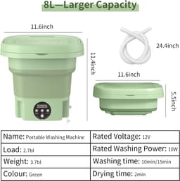 Opvouwbare Mini Wasmachine Compact Energiezuinig 8L Capaciteit met 3 Tijdsinstellingen Draagbare Wasmachine voor Studenten Camping Appartementen Babykleding Handdoeken Ondergoed groente — thumbnail 5
