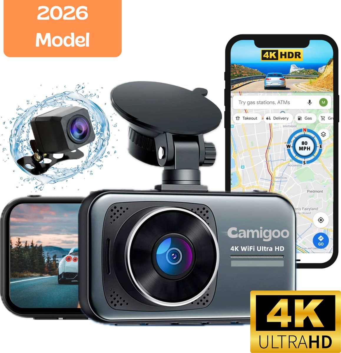 Camigoo® D1 Pro - Dual Dashcam - Dashcam Voor Auto - Ultra 4K & Full HD - Voor en Achter Camera - WiFi & GPS - 3.2 inch met App - Sony Sensor - Met 64GB SD Kaart U3 - Loop Opname - G Sensor - NL Handleiding + Systeem - Geschikt voor Verticale Ruiten! — afbeelding 1