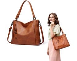 School handtassen dames-handtas schoolboeken en laptop- Handtas voor dames - leren handgreep - schoudertas - groot voor dames - grote capaciteit - geschikt voor laptop - lichtgewicht handtas (bruin-34x29X14)