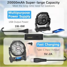 Campingventilator met LED-licht en lange accuduur - 20.000 mAh, 4 snelheden, ideaal voor outdoor, picknick en thuis — thumbnail 4