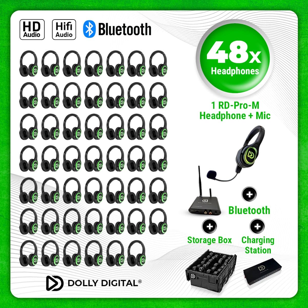 Dolly Digital® RD-Pro 48 Draadloze Koptelefoons voor groepen + Headmounted Microfoon – 48 HiFi Koptelefoons + Microfoon + Bluetooth + HiFi+ Oplaadstation — afbeelding 1