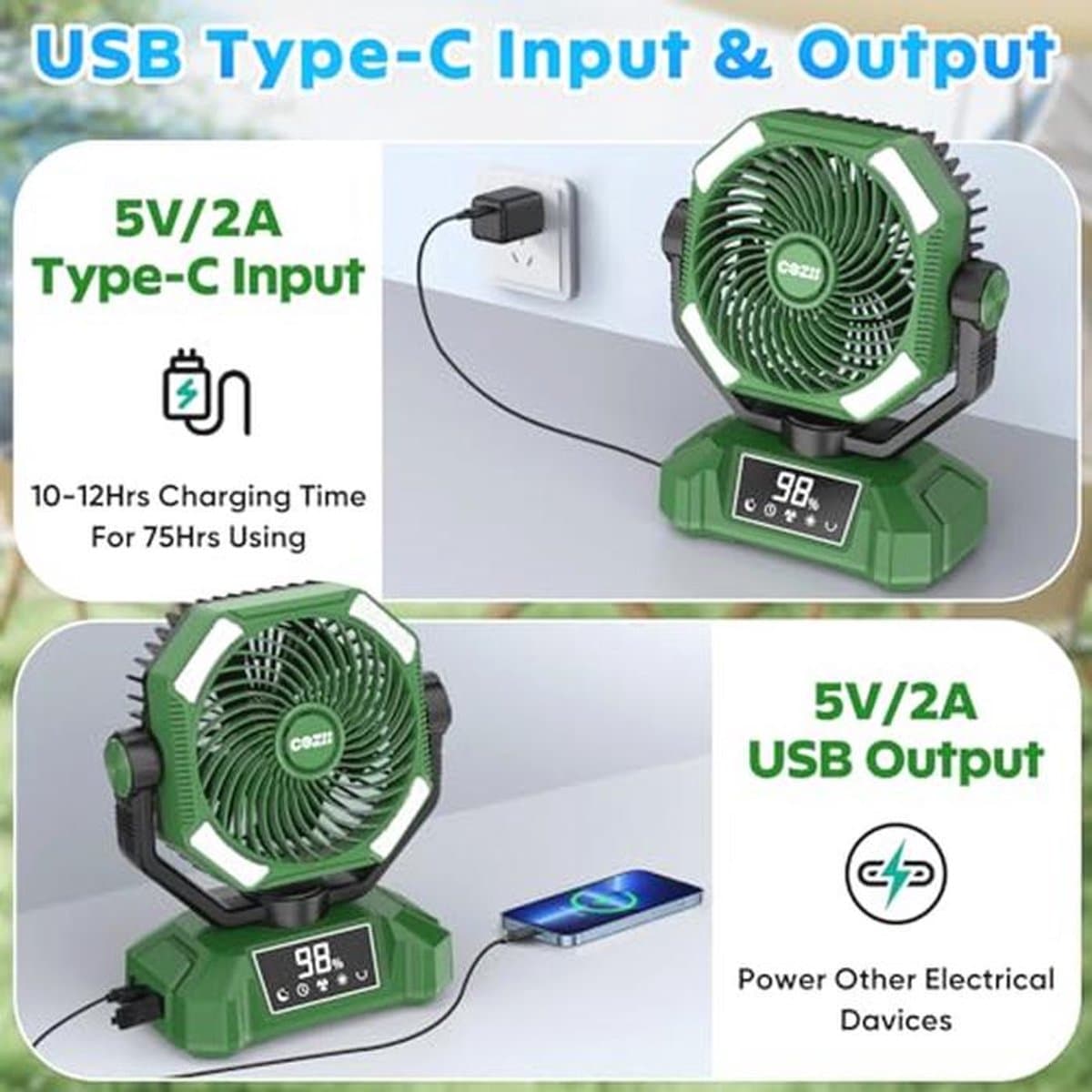 Oplaadbare Draagbare Ventilator met 20000 mAh - Oscillerend, 5 Snelheden, 8 Timerinstellingen, 3 Kleuren LED-lantaarn — afbeelding 1