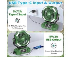 Oplaadbare Draagbare Ventilator met 20000 mAh - Oscillerend, 5 Snelheden, 8 Timerinstellingen, 3 Kleuren LED-lantaarn