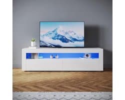 Moderne TV-kast 160 cm met LED-verlichting – Hoogglans wit, Geschikt voor TV's tot 65 inch, 2 Laden en 2 Deuren