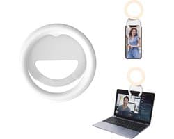 LED-Videolamp - Selfie Ring Light LED Licht - Universele Selfie Ring Lamp - 180° Rotatie -LED-selfielamp - Mobiele telefoonlamp - Geschikt voor mobiele telefoon - camera - laptop - Wit