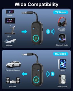 Bluetooth 5.3 zender ontvanger, vliegtuig bluetooth adapter 2 oortelefoons, draadloze audio-adapter auto, handsfree telefoon, max. 16H, 3,5 mm aux-aansluiting op de reisvlucht, tv, autoradio, fitnessruimte — thumbnail 5