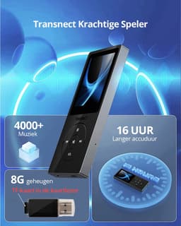 Transnect® - MP3 Speler/MP4 - Bluetooth - 8GB Geheugen- Ondersteuning tot 128 GB - HiFi Oordopjes - Zwart — thumbnail 2