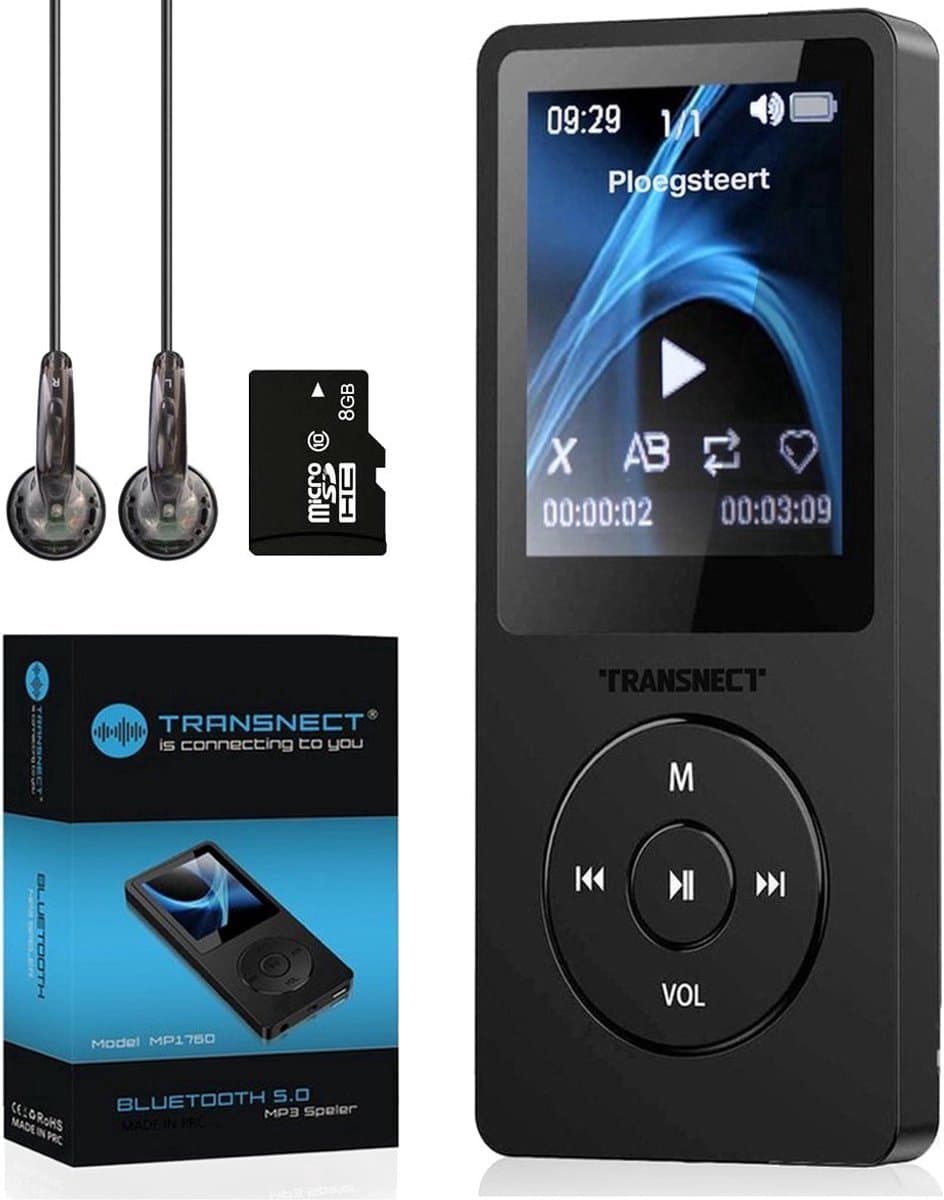 Transnect® - MP3 Speler/MP4 - Bluetooth - 8GB Geheugen- Ondersteuning tot 128 GB - HiFi Oordopjes - Zwart — afbeelding 1