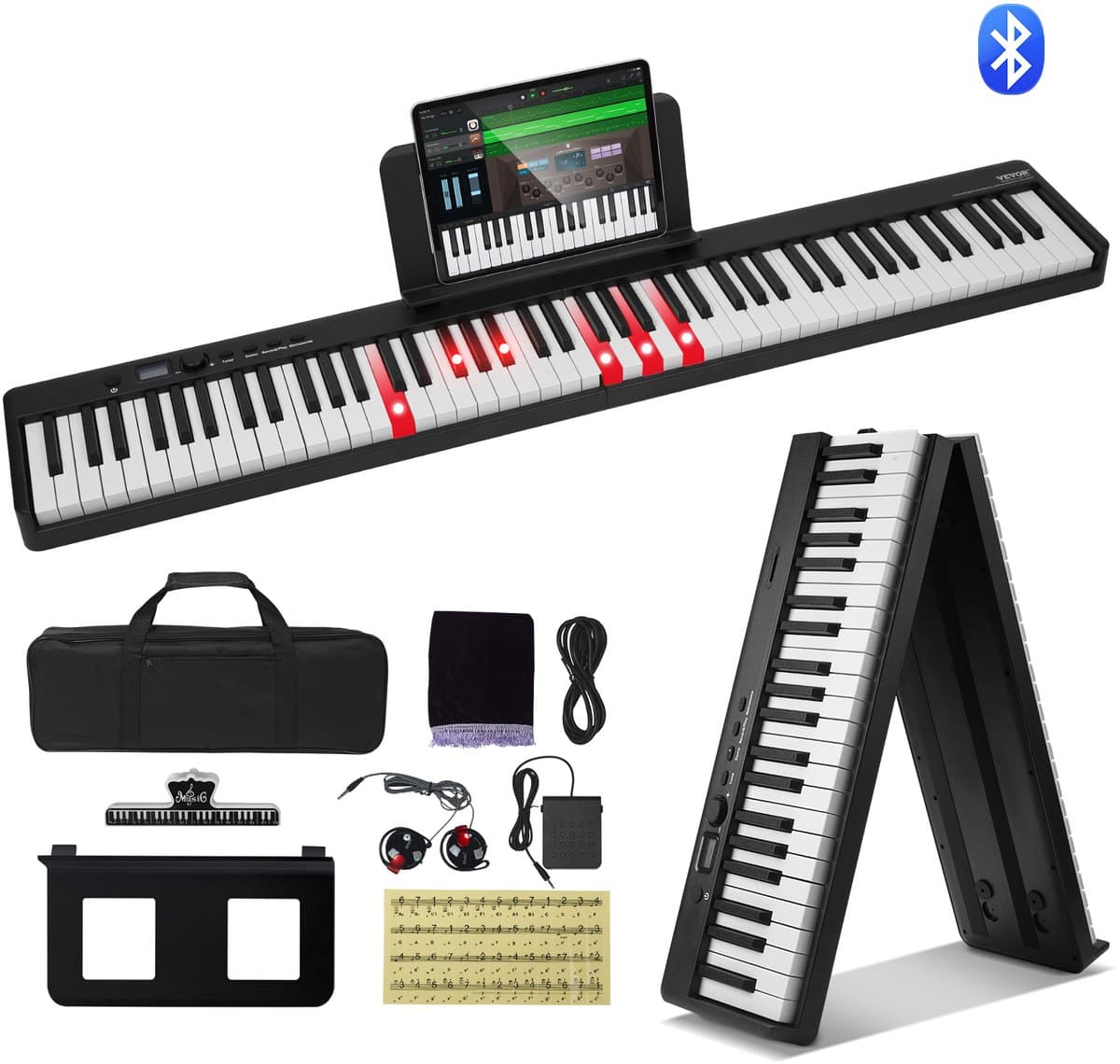 VEVOR 88 Toetsen Digitale Piano Elektrische Piano Opvouwbare Piano Bluetooth MIDI Zwart — afbeelding 1