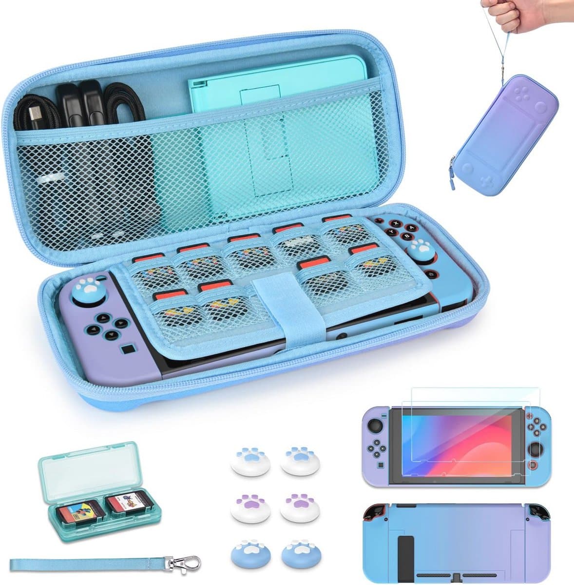 Draagbare Switch Case 14 in 1 Accessoireset - Blauw en Paars, Button Pattern — afbeelding 1