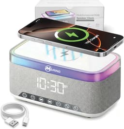 Muring Digitale Wekkerradio – Digitale Klok Slaapkamer – 15 W Draadloos opladen - Speaker met bluetooth - 13 Lichtstanden - Lichtwekker – Wekker voor kinderen & volwassenen – Netstroom – Alarmklok – Wit — thumbnail 1
