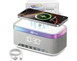 Muring Digitale Wekkerradio – Digitale Klok Slaapkamer – 15 W Draadloos opladen - Speaker met bluetooth - 13 Lichtstanden - Lichtwekker – Wekker voor kinderen & volwassenen – Netstroom – Alarmklok – Wit