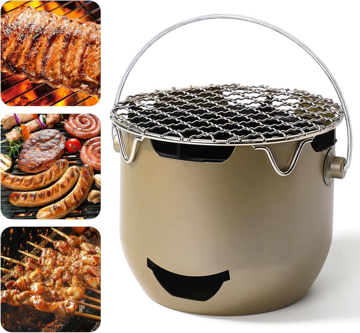 Draagbare mini houtskoolgrill van roestvrij staal - 15*12 cm - Draagbare houtskoolgrill voor buiten - Kleine grill voor buiten koken - Geschikt voor kamperen, barbecueën in de achtertuin, barbecueën in de camper en picknicks - Groen — afbeelding 1