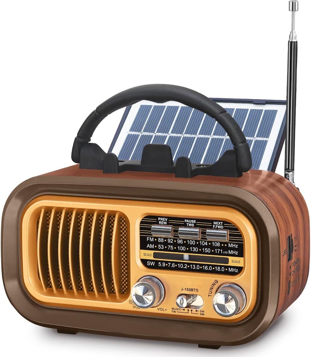 Kleine Draagbare Radio - AM FM SW Retro Vintage Radio - 1200mAh Batterij Of D-Cellen - Bluetooth Kofferradio - USB TF Kaart - Noodradio Solar - Powerbank Functie - Binnen Buiten Gebruik - Noodpakket - Goud Kleur - Draagbare Oplader - Multifunctioneel — afbeelding 1