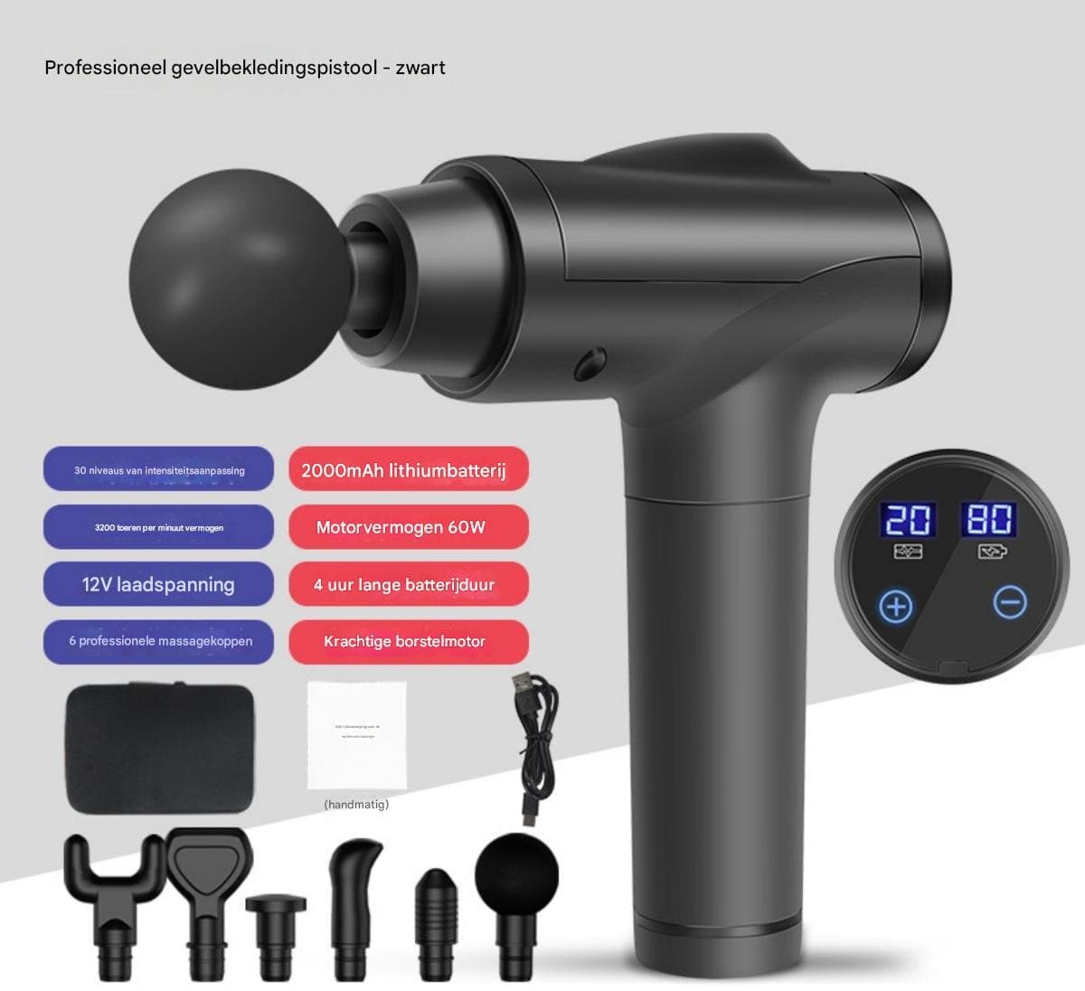 GELLDG Elektrisch massagepistool - 6 massagekoppen - Draagbare diepweefselmassager - 2000 mAh batterij - Met LED-display en touchscreen - Geschikt voor het verlichten van rug- en schouderpijn - Zwart — afbeelding 1