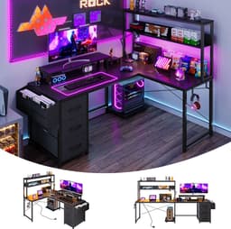 Gaming Bureau met LED Verlichting - 148x100x148 cm - L-Vormig Hoekbureau met Stopcontact - 3 Non Woven Lade - Gaming Desk - Computer Tafel - Gaming Tafel - met Opbergplanken, Tas & IJzeren Haak - Zwart - Bureau voor Gamen, Studeren en Werken — thumbnail 3
