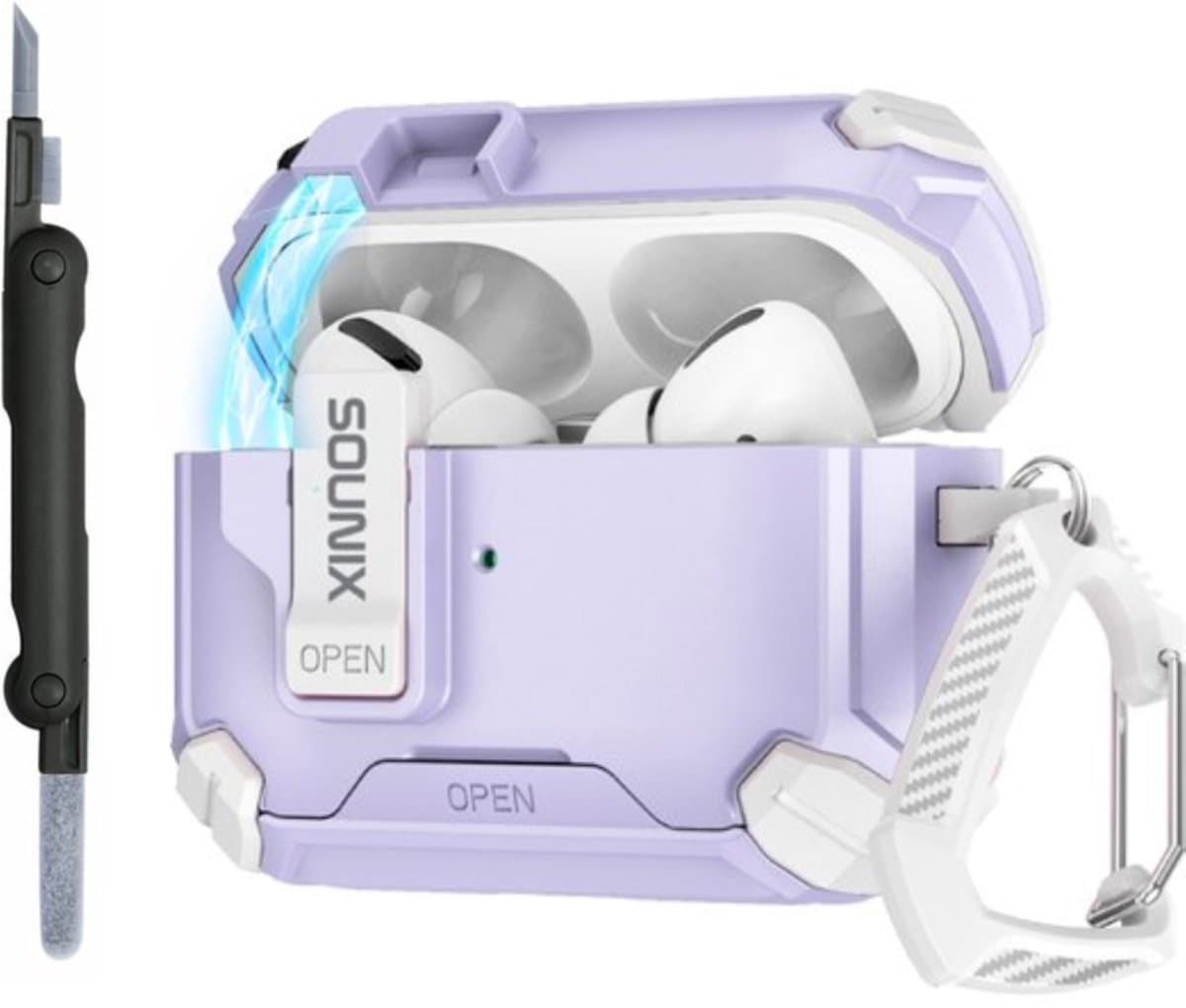Sounix Hoesje geschikt voor Airpods Pro 1 / 2 - Met schoonmaak borstel - Airpods Pro Hoesje - Armor Case met Lock - Wit /Paars — afbeelding 1
