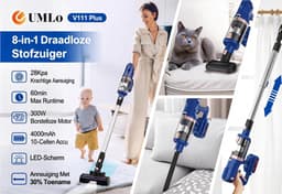 UMLo V11 Draadloze 2-in-1 Stofzuiger - 300W Motor, 30kPa Zuigkracht, 60min Werktijd - HEPA Filter met LED Verlichting - Blauw — thumbnail 2