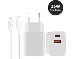 33W Snellader USBC Adapter met 3 Meter Lightning Kabel - Dual-Port USB C & USB A Ingang - voor o.a. Apple iPhone 14, 13, 12, 11 - GaN Technologie [2024 model]