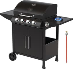 KitchenBrothers Gas BBQ - Gasbarbecue met zijbrander - 5 Branders - PFAS Vrij - Met Gasaansluiting - 42x57cm Grilloppervlak - Extra Opbergruimte - Zwart — thumbnail 1