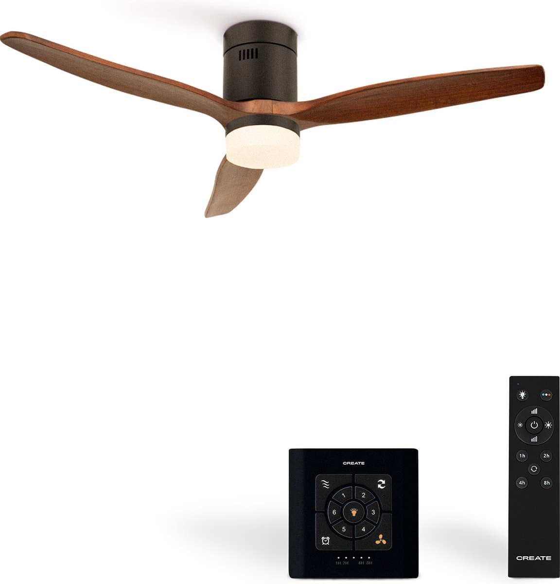 CREATE - Plafondventilator 40W silent Ø132 cm ABS - Met Verlichting drie temperaturen - Met Wandregelaar - Met Afstandsbediening - 6 Snelheden - Timer - Zomer/Winter functie - Donker Hout - WIND CALM — afbeelding 1