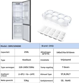 CHiQ CBM250NEBD - Koel-Vriescombinatie - 250L - No Frost - Waterdispenser - Inverter Compressor - Supervriezen - 39dB - 12 jaar garantie op compressor - Energieklasse D — thumbnail 4