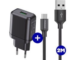Snellader met Gevlochten USB-C Kabel 2 Meter - 18W Quick Charge 3.0 Adapter + Nylon Gevlochten USB-C Snoer