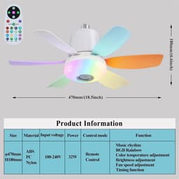 Plafondventilator met Licht - Ventilatorlamp - Ruimte Verkoelen - Geïntegreerde Muziekspeler - 47 cm - Kleurrijk — thumbnail 4