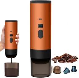 Hutjemutje - draagbare koffiezetapparaat - koffiemachine - draadloos voor in de auto - 12V - espresso - nespresso - dolce gusto - capsule koffie - gemalen koffie - oplaadbaar - oranje — thumbnail 1