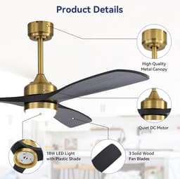 DESMIU Plafondventilator Met Verlichting 132 Cm - Dimbaar Led Licht Met Afstandsbediening, Timer En 6 Snelheden - Voor Woonkamer En Slaapkamer - Hout Goud — thumbnail 4