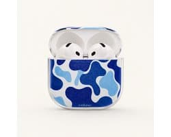 Enluxe Case geschikt voor Airpods 4 - Blue Wave Pattern Design Blauw Wit met karabijn haak