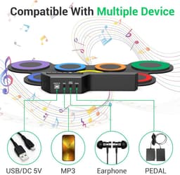 Oprolbaar Elektronisch Drumstel - Draagbare Drum Pad Set 7-in-1 - 7 Siliconen Drumpads - 8 Demoliedjes, 5 Drumgeluiden en 3 Ritmes - USB- of Batterijvoeding - 3,5mm Audioaansluiting - Voor Beginners, Thuis en Onderweg — thumbnail 4