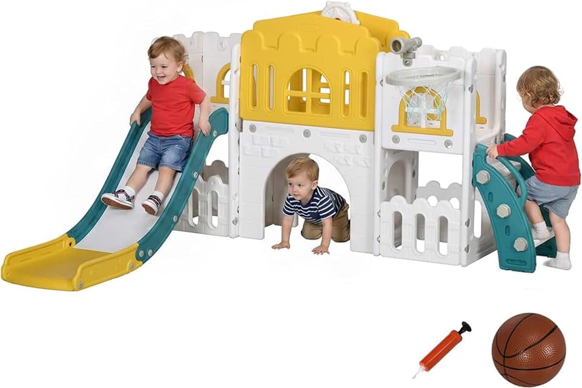 Kinderglijbaan 7-in-1, glijbaan voor kleine kinderen met basketbalmand, klimrek, telescoop, tunnel, stuurwiel, platformgang, opbergmand, kinderspeelplaats voor kinderen van 1 tot 3 jaar — afbeelding 1