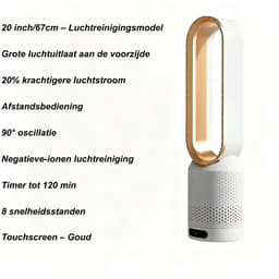 Kraftverdia Ventilator Staand - Bladloze Ventilator 58 cm - Luchtcirculator met Afstandsbediening, 8 Snelheden, 90° Oscillatie, Timer en Luchtzuivering – Veilig en Comfortabel voor Woonkamer, Slaapkamer en Kantoor - Goud — thumbnail 3