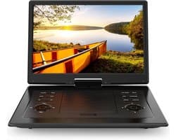 17,9-inch draagbare dvd-speler voor kinderen met 15,6-inch draaibaar scherm, oplaadbare accu (5 uur), dvd-speler voor in de auto met luid stereogeluid, afstandsbediening, ondersteuning voor tv-synchronisatie, regiovrij (USB/SD/AV), zwart
