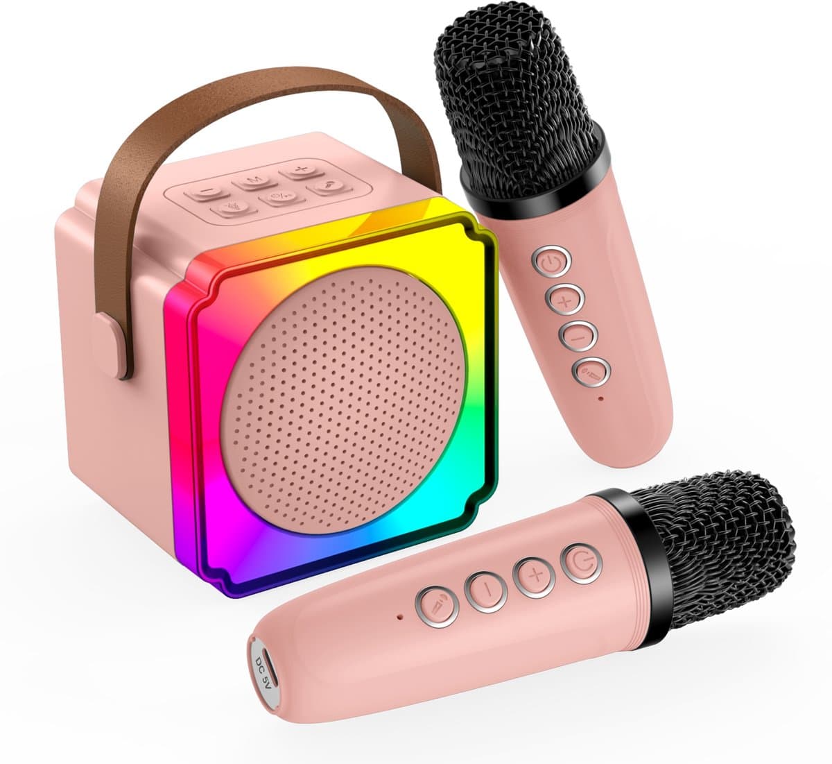 Karaoke Set voor Kinderen met Bluetooth Speaker van MMOBIEL – Met 2 Draadloze Microfoons, LED-verlichting, Geluidseffecten – Feest, Cadeau voor Meisje, Jongen, Kinderen 3+ jaar – Roze — afbeelding 1