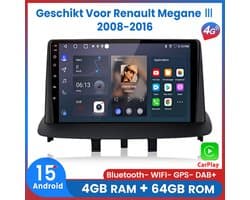 Awesafe 8-Core V1PRO 4+64GB Autoradio - Geschikt Voor Renault Megane III 2008 t/m 2016 - Draadloze Carplay Android Auto - Touchscreen - GPS Navigatie 4G WiFi - Bluetooth Radio - Ondersteuning invoegen 4G SIM - 2008 2009 2010 2011 2012 2013 2014 2015