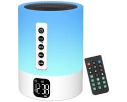 Bluetooth Speaker met Wekker en LED Nachtlampje - 6-in-1 White Noise Machine en Slaaphulp, Dimbare Nachtlamp met 48 Kleuren, Digitale Wekker met Snooze, MP3-Speler en Handsfree Bellen